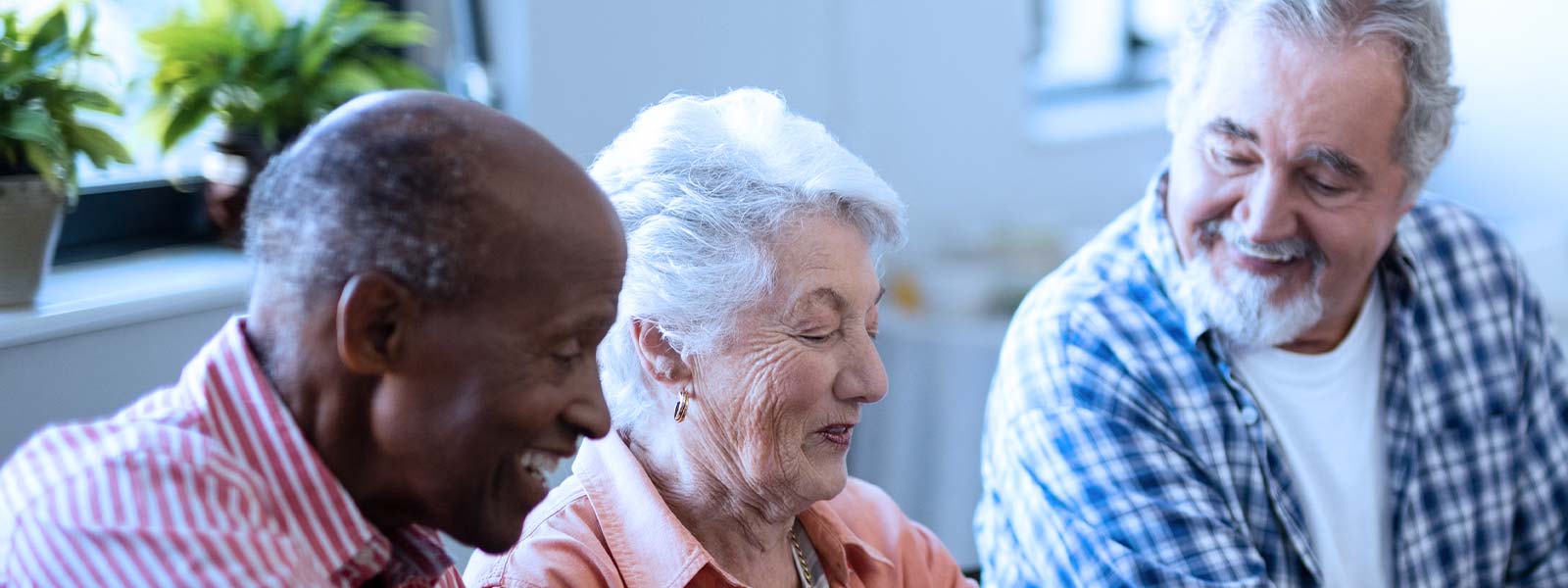 seniors socializing and laughing after dental bridges